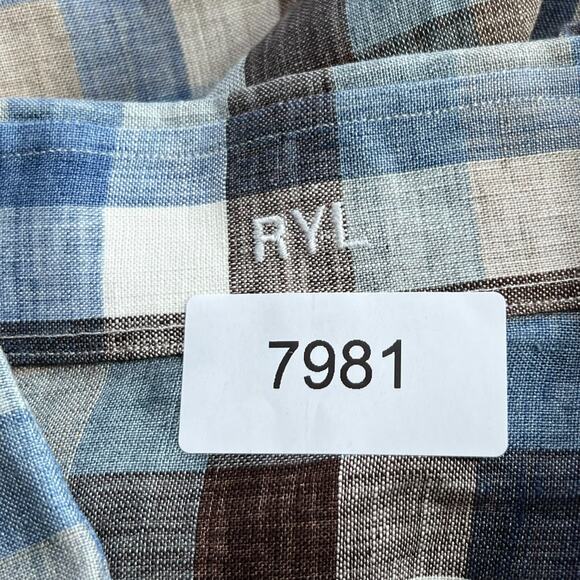 J. Hilburn Shirt Button Up Mens Brown Blue Plaid 100% Linen Collared Tailor - Picture 3 of 11